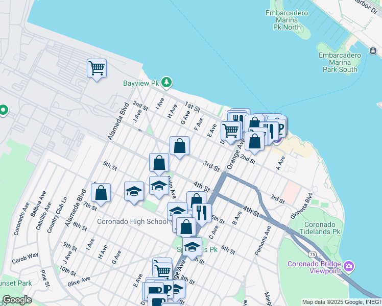 map of restaurants, bars, coffee shops, grocery stores, and more near 811 3rd Street in Coronado