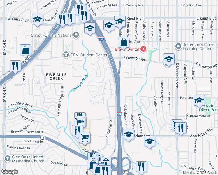 map of restaurants, bars, coffee shops, grocery stores, and more near 2600 South Sunset Avenue in Dallas