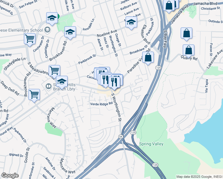 map of restaurants, bars, coffee shops, grocery stores, and more near Paradise Valley Road & Worthington Street in Spring Valley