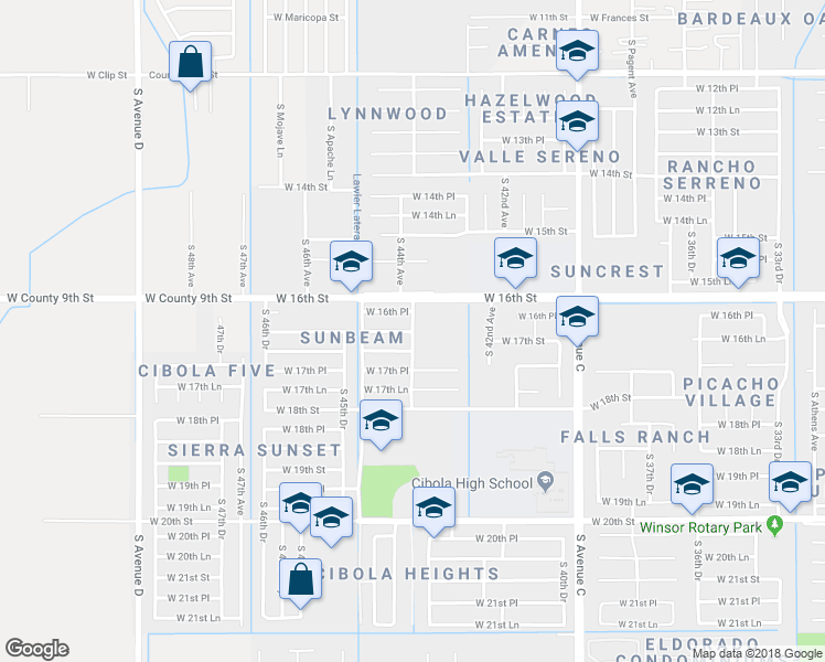 map of restaurants, bars, coffee shops, grocery stores, and more near 4400 West 16th Lane in Yuma