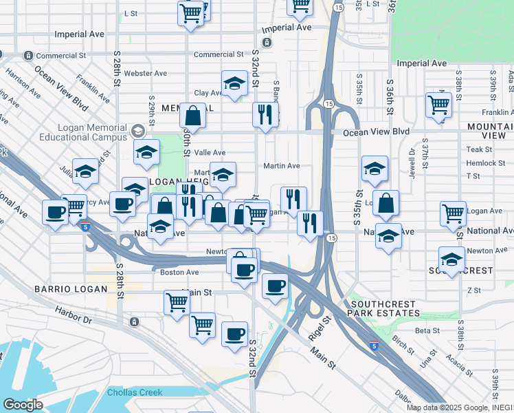 map of restaurants, bars, coffee shops, grocery stores, and more near 853 South 32nd Street in San Diego