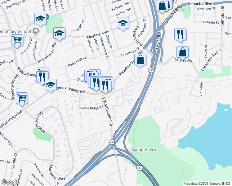 map of restaurants, bars, coffee shops, grocery stores, and more near 8463 Paseo Iglesia in Spring Valley