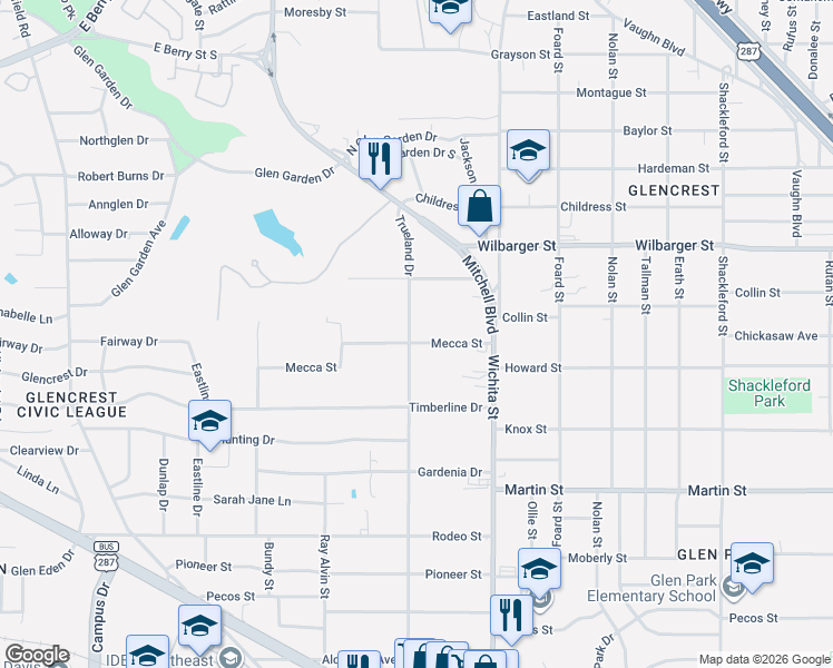 map of restaurants, bars, coffee shops, grocery stores, and more near 3048 Mecca Street in Fort Worth