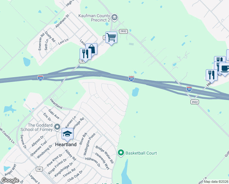 map of restaurants, bars, coffee shops, grocery stores, and more near Interstate 20 in Forney