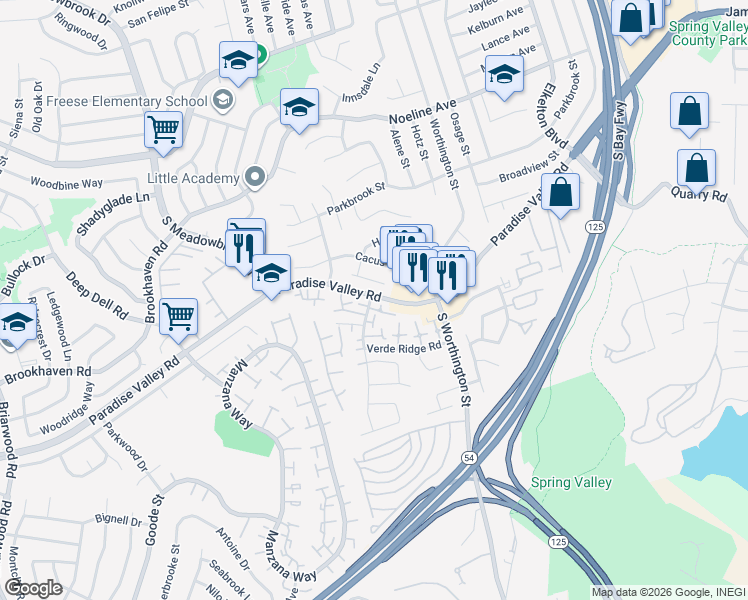 map of restaurants, bars, coffee shops, grocery stores, and more near 8325 Panorama Ridge Court in Spring Valley