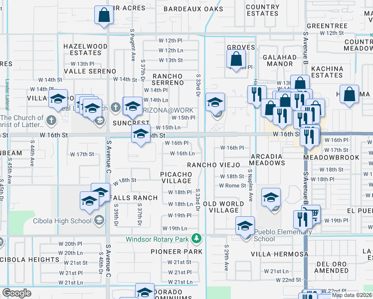 map of restaurants, bars, coffee shops, grocery stores, and more near 3391 West 16th Lane in Yuma