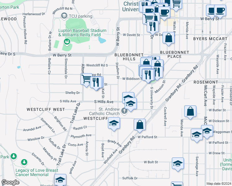 map of restaurants, bars, coffee shops, grocery stores, and more near 3604 Stadium Drive in Fort Worth