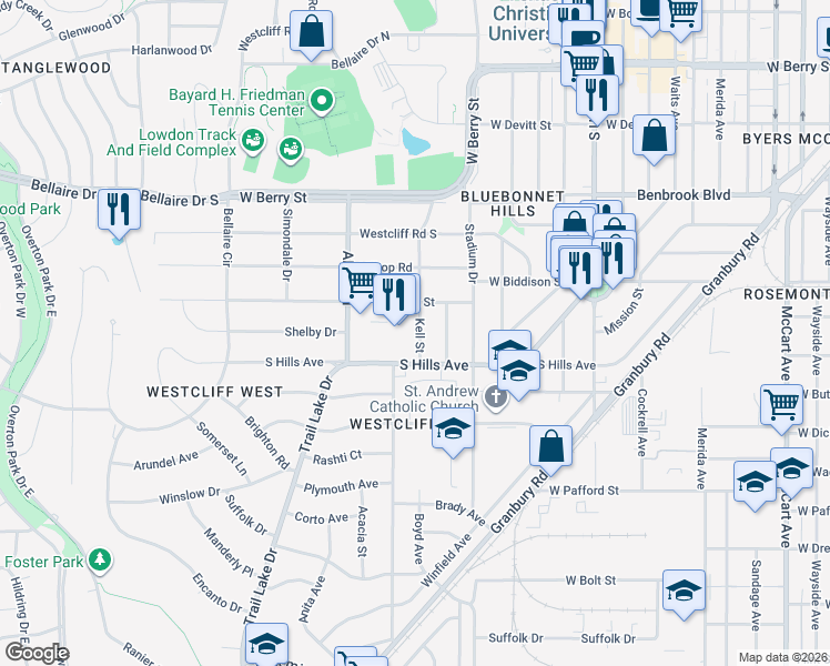 map of restaurants, bars, coffee shops, grocery stores, and more near 3604 Kell Street in Fort Worth