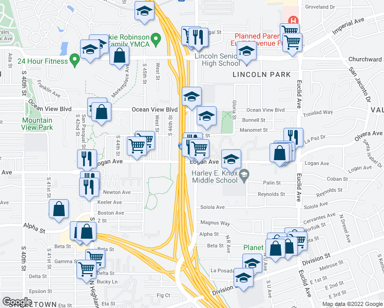 map of restaurants, bars, coffee shops, grocery stores, and more near in San Diego