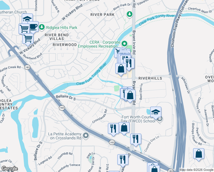 map of restaurants, bars, coffee shops, grocery stores, and more near 3964 Watercourse Drive in Fort Worth