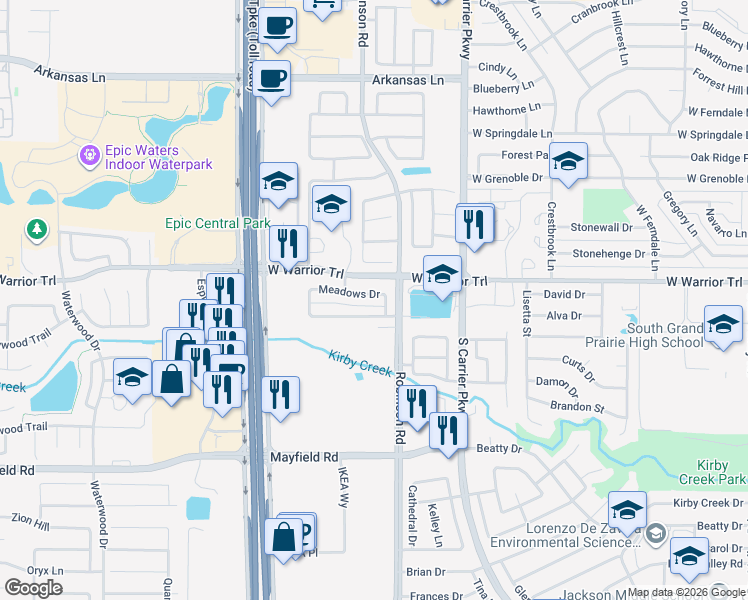 map of restaurants, bars, coffee shops, grocery stores, and more near 1138 Meadow Park Lane in Grand Prairie