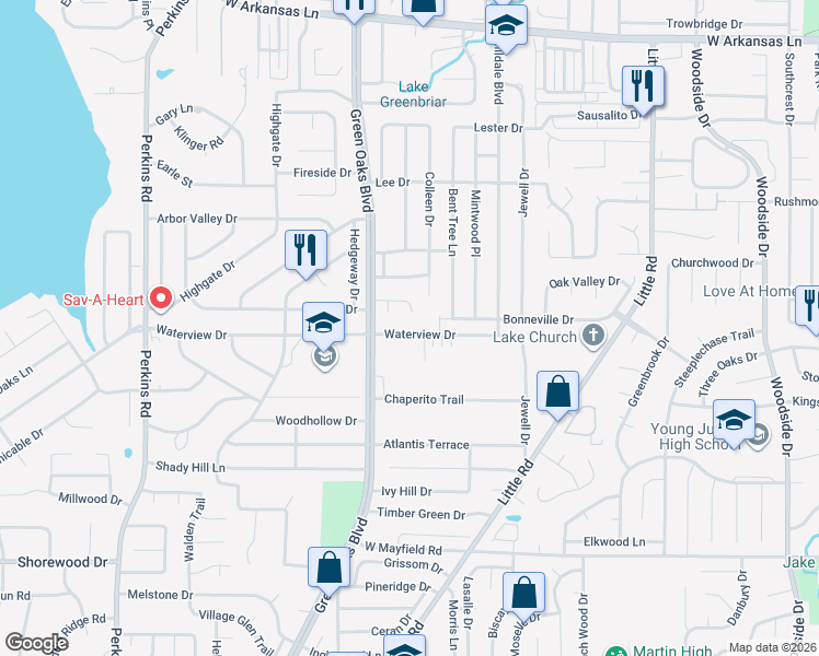 map of restaurants, bars, coffee shops, grocery stores, and more near 3001 West Green Oaks Boulevard in Arlington