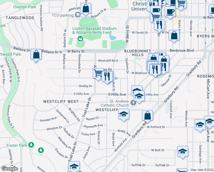 map of restaurants, bars, coffee shops, grocery stores, and more near 3548 South Hills Avenue in Fort Worth