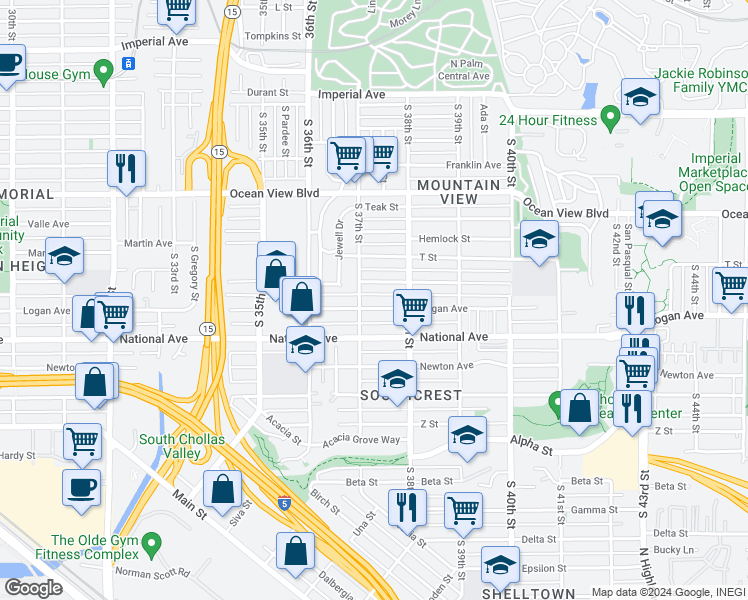 map of restaurants, bars, coffee shops, grocery stores, and more near 3735 Logan Avenue in San Diego