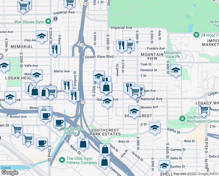 map of restaurants, bars, coffee shops, grocery stores, and more near 3550 Logan Avenue in San Diego