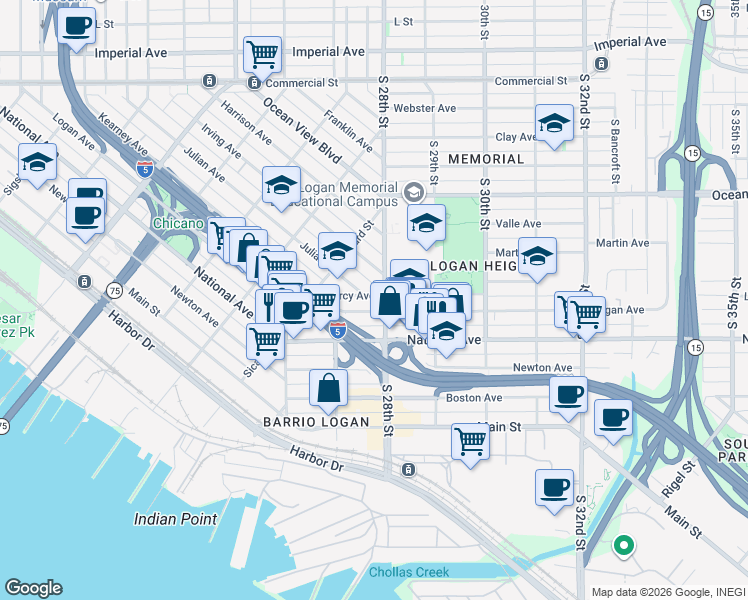 map of restaurants, bars, coffee shops, grocery stores, and more near 2741 Logan Avenue in San Diego