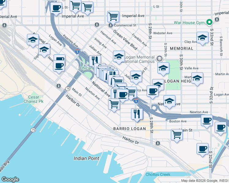 map of restaurants, bars, coffee shops, grocery stores, and more near 2232 National Avenue in San Diego