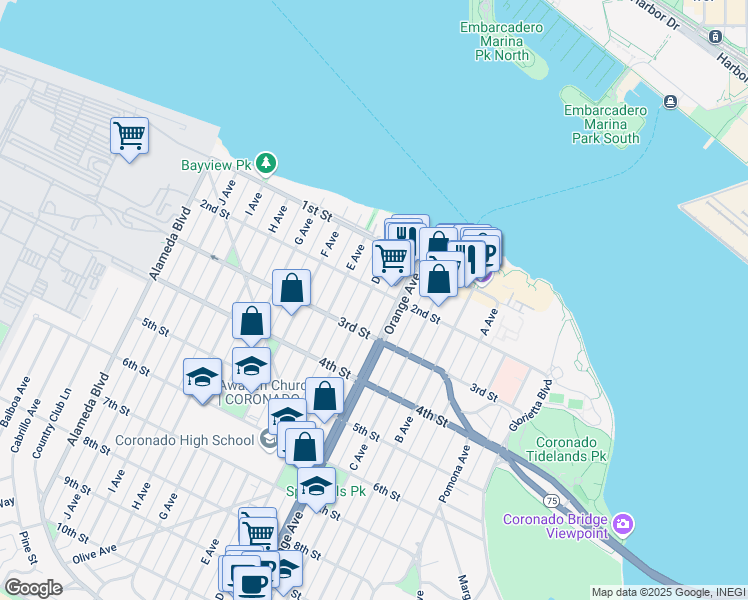 map of restaurants, bars, coffee shops, grocery stores, and more near 220 Orange Avenue in Coronado