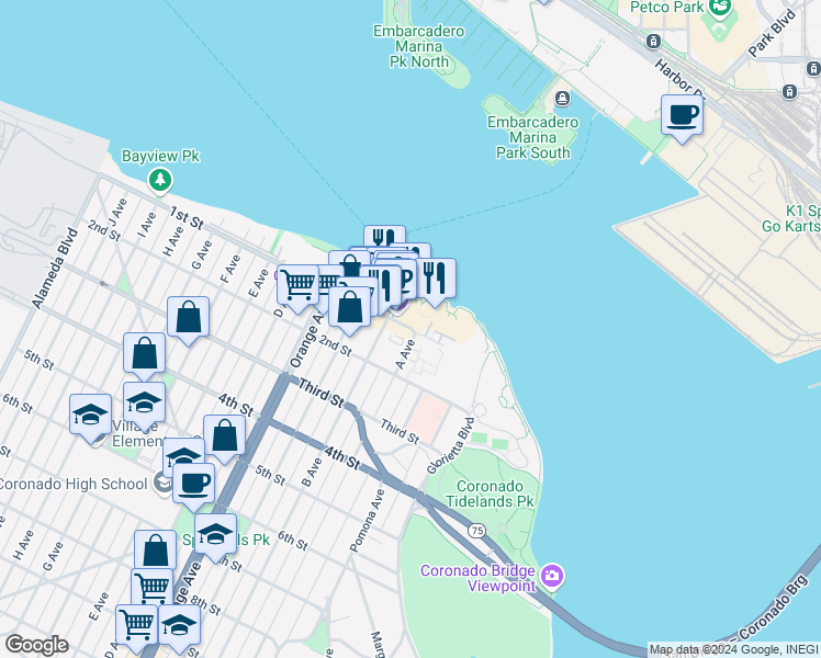 map of restaurants, bars, coffee shops, grocery stores, and more near 1395 1st Street in Coronado