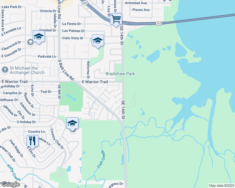 map of restaurants, bars, coffee shops, grocery stores, and more near 33 East Townhouse Lane in Grand Prairie