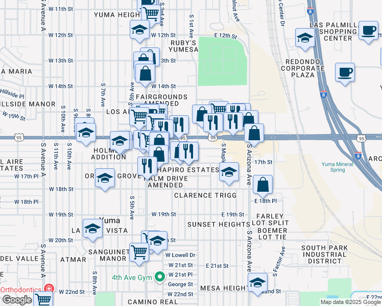 map of restaurants, bars, coffee shops, grocery stores, and more near 101 West 16th Street in Yuma