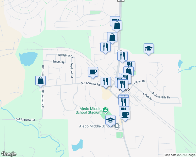 map of restaurants, bars, coffee shops, grocery stores, and more near 324 Old Annetta Road in Aledo