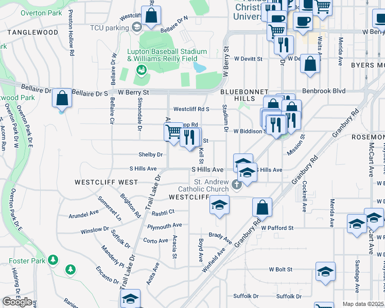map of restaurants, bars, coffee shops, grocery stores, and more near 3548 South Hills Avenue in Fort Worth