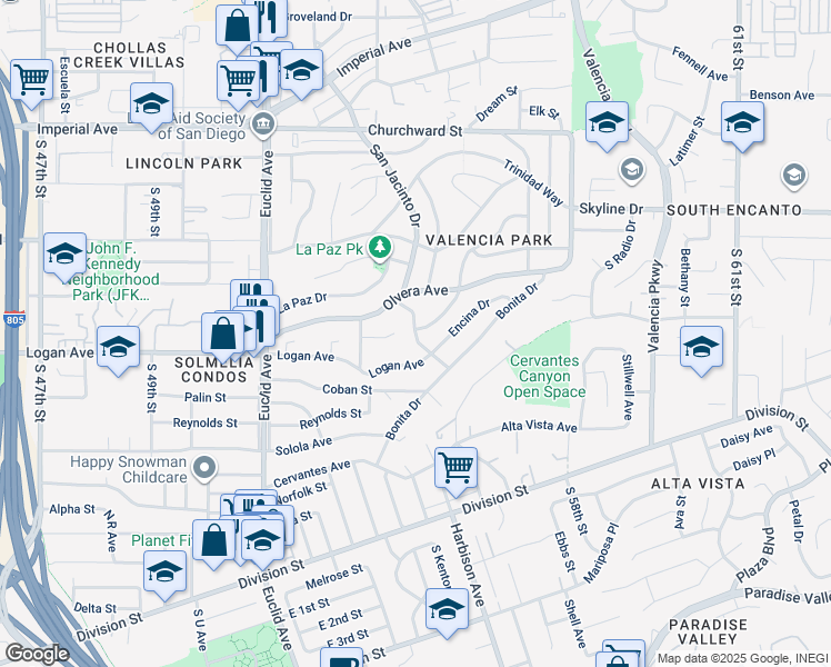 map of restaurants, bars, coffee shops, grocery stores, and more near Santa Isabel Drive in San Diego