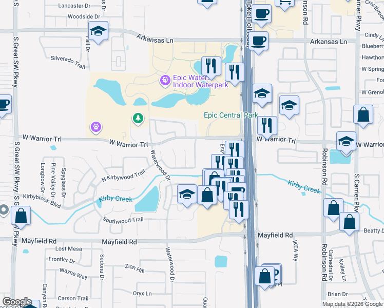 map of restaurants, bars, coffee shops, grocery stores, and more near 3140 Green Vista Trail in Grand Prairie