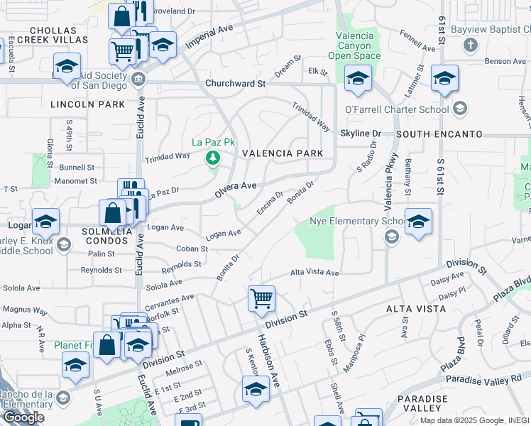 map of restaurants, bars, coffee shops, grocery stores, and more near 5465 Encina Drive in San Diego