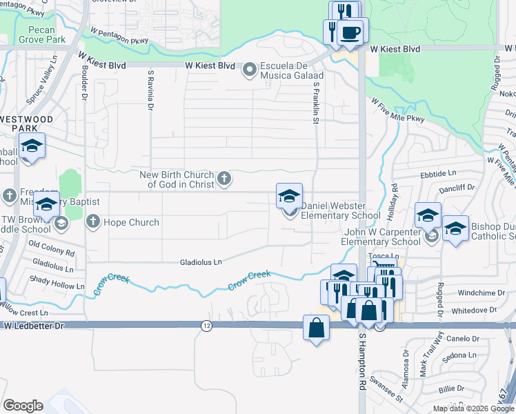 map of restaurants, bars, coffee shops, grocery stores, and more near 2730 Larkspur Lane in Dallas