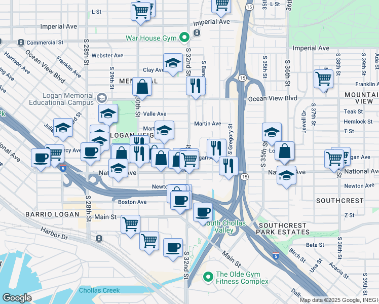 map of restaurants, bars, coffee shops, grocery stores, and more near 3238 Logan Avenue in San Diego