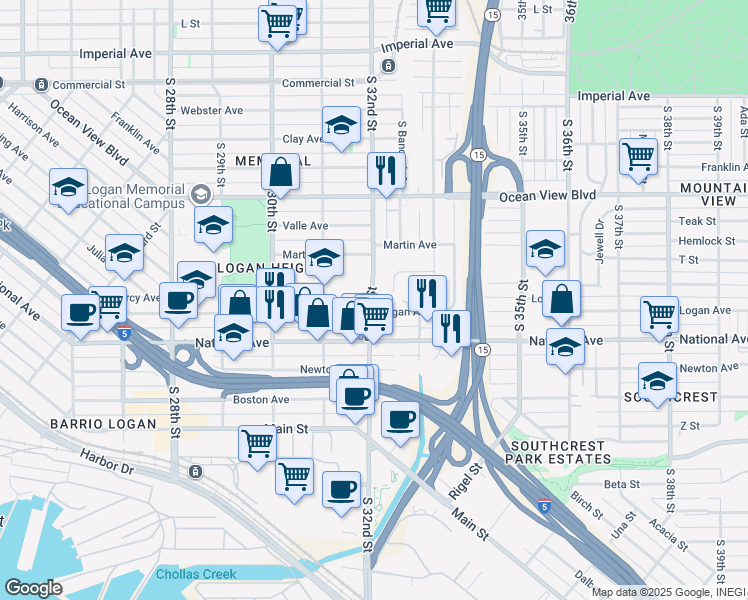 map of restaurants, bars, coffee shops, grocery stores, and more near 853 South 32nd Street in San Diego