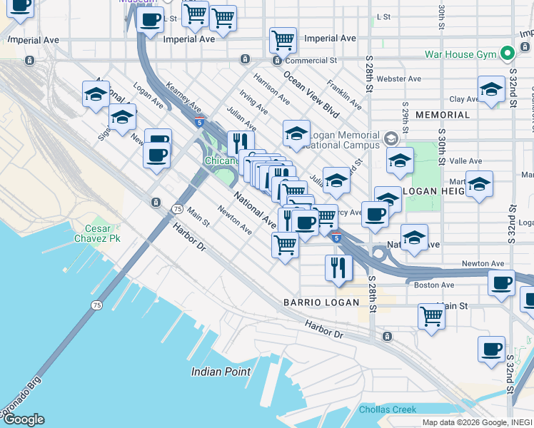 map of restaurants, bars, coffee shops, grocery stores, and more near 2232 National Avenue in San Diego