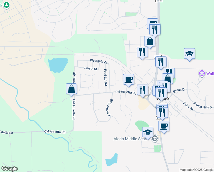 map of restaurants, bars, coffee shops, grocery stores, and more near 103 Feed Lot Road in Aledo