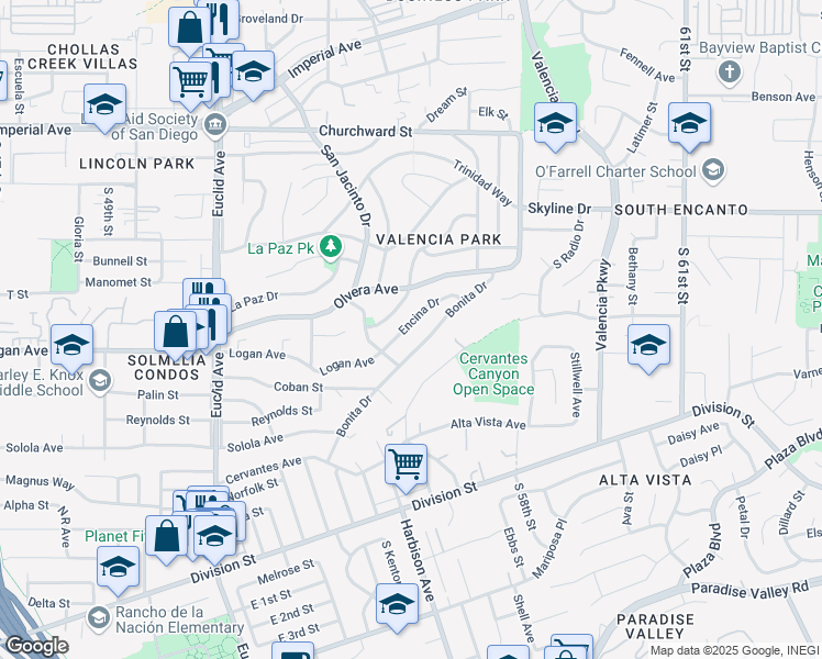 map of restaurants, bars, coffee shops, grocery stores, and more near 5465 Encina Drive in San Diego