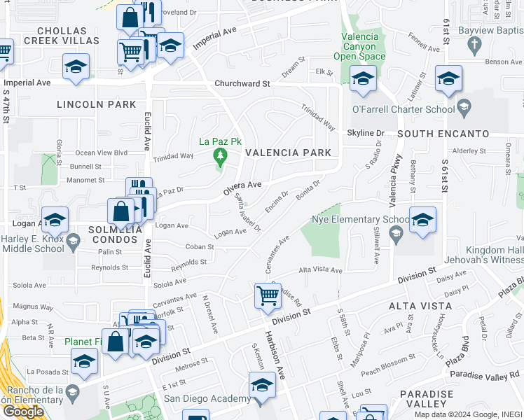 map of restaurants, bars, coffee shops, grocery stores, and more near 5421 Encina Drive in San Diego