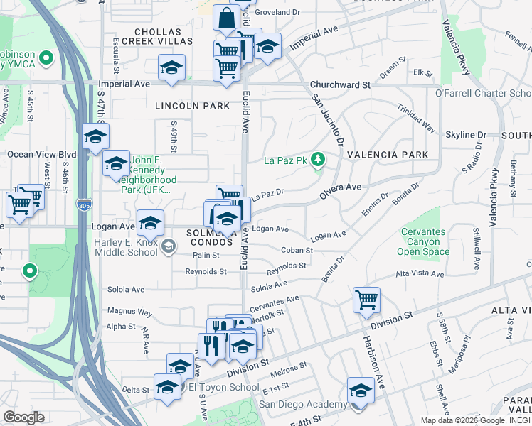map of restaurants, bars, coffee shops, grocery stores, and more near 5128 Logan Avenue in San Diego