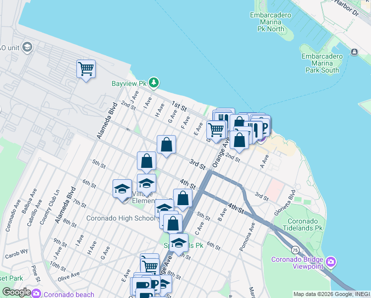 map of restaurants, bars, coffee shops, grocery stores, and more near 254 D Avenue in Coronado