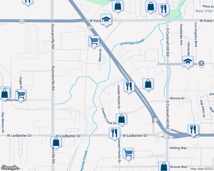 map of restaurants, bars, coffee shops, grocery stores, and more near 4634 Country Creek Drive in Dallas