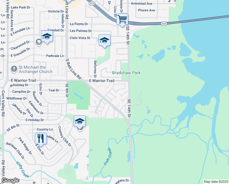 map of restaurants, bars, coffee shops, grocery stores, and more near 76 East Mountain Creek Drive in Grand Prairie