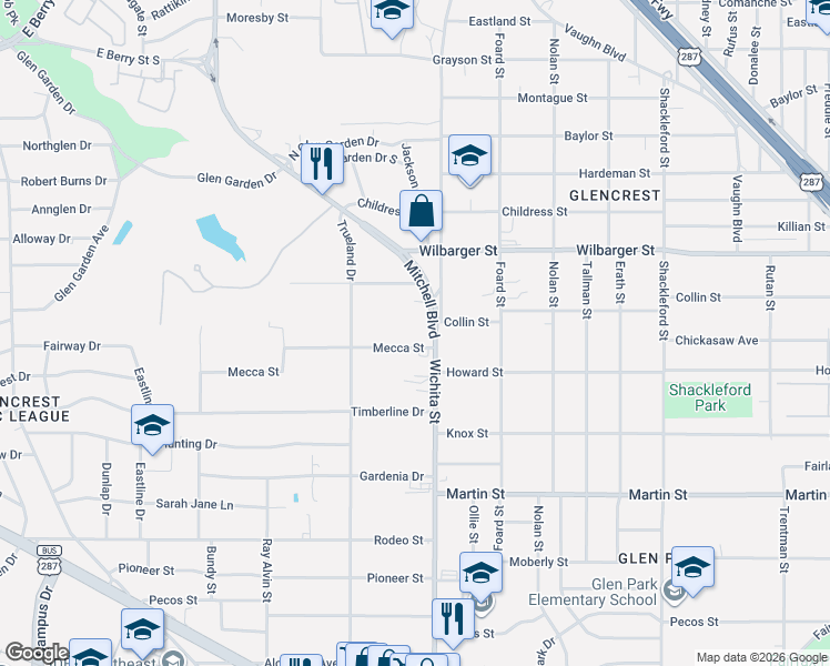 map of restaurants, bars, coffee shops, grocery stores, and more near 4600 Wichita Street in Fort Worth