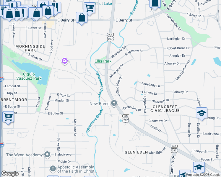 map of restaurants, bars, coffee shops, grocery stores, and more near 4509 South Riverside Drive in Fort Worth