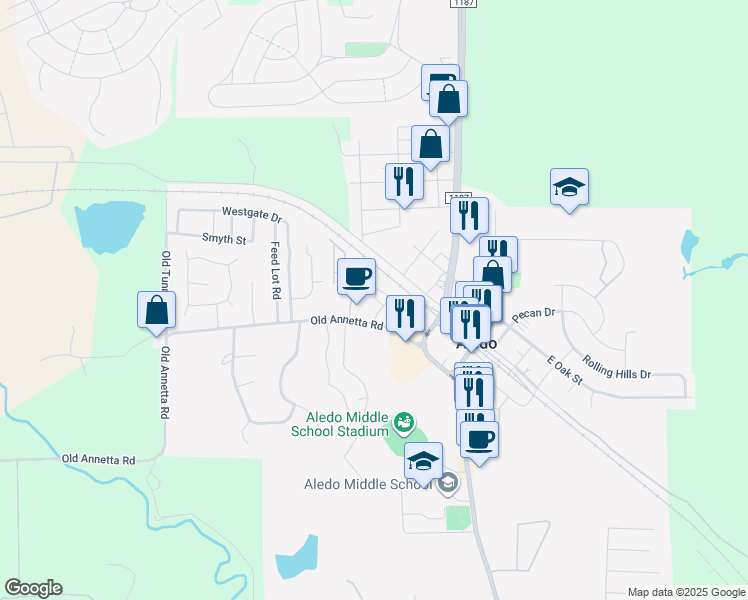 map of restaurants, bars, coffee shops, grocery stores, and more near 324 Old Annetta Road in Aledo