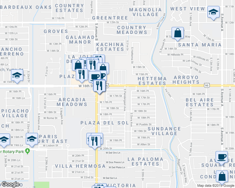map of restaurants, bars, coffee shops, grocery stores, and more near 2218 West 17th Street in Yuma