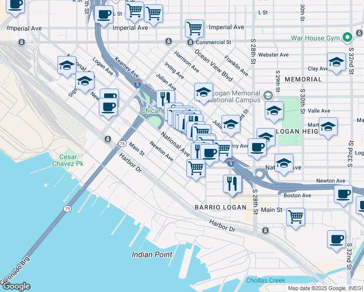 map of restaurants, bars, coffee shops, grocery stores, and more near 2232 National Avenue in San Diego