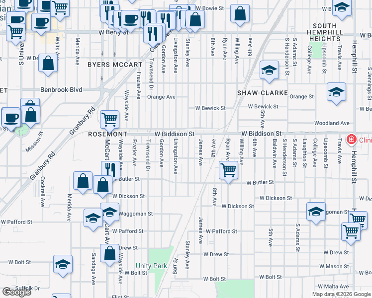 map of restaurants, bars, coffee shops, grocery stores, and more near 3545 Stanley Avenue in Fort Worth