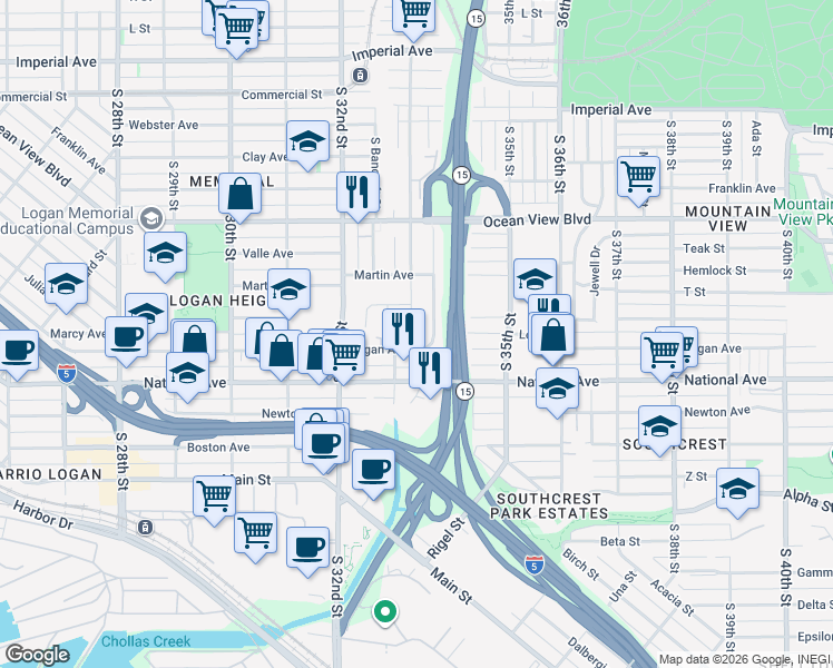 map of restaurants, bars, coffee shops, grocery stores, and more near 3298 Logan Avenue in San Diego