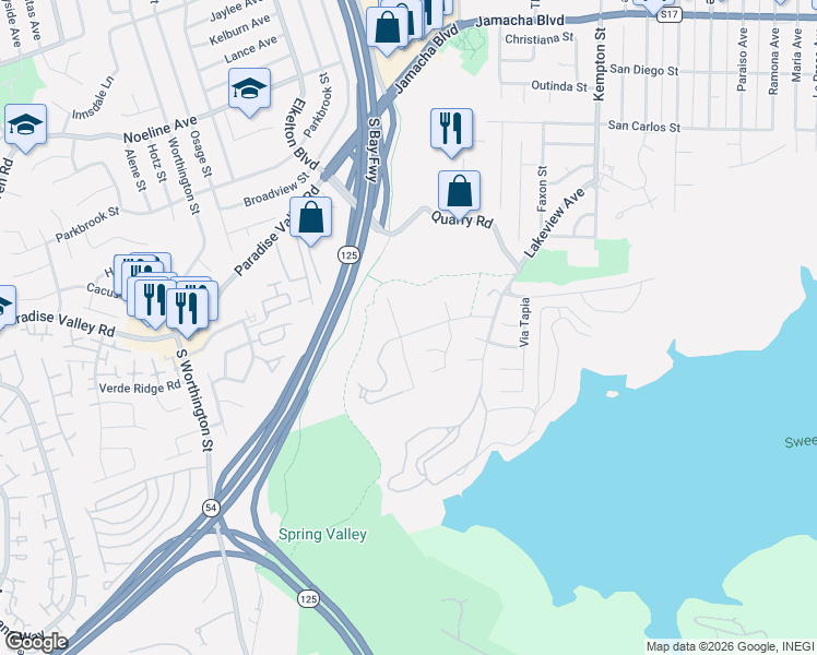 map of restaurants, bars, coffee shops, grocery stores, and more near 8808 Leigh Avenue in Spring Valley