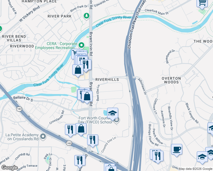 map of restaurants, bars, coffee shops, grocery stores, and more near 5464 Night Sage Lane in Fort Worth